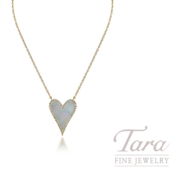 18K Yellow Gold Mother of Pearl Diamond Heart Necklace 2.98G
