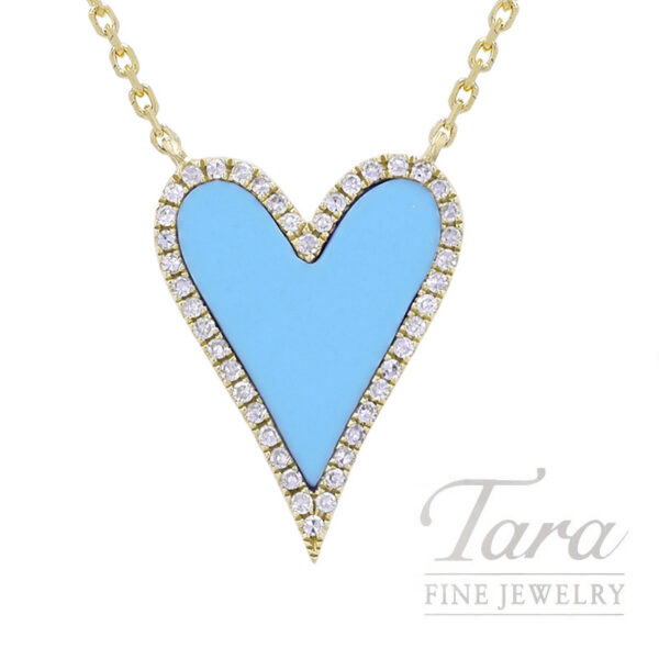 18K Yellow Gold Diamond Turquoise Heart Pendant Necklace 3.0G