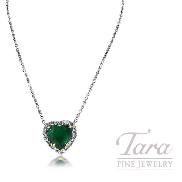 18K White Gold Heart Shaped Emerald and Diamond Halo Necklace 3.20TGW, .34TDW