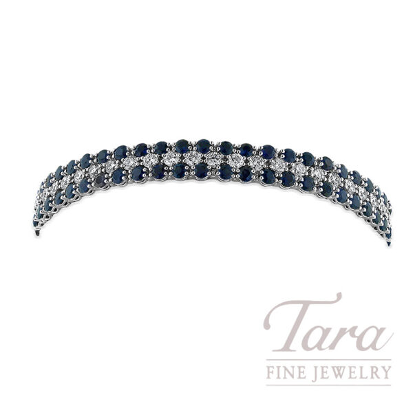 14K White Gold Blue Sapphire and Diamond 3 Row Bracelet, 2.80TGW, 4.25TDW