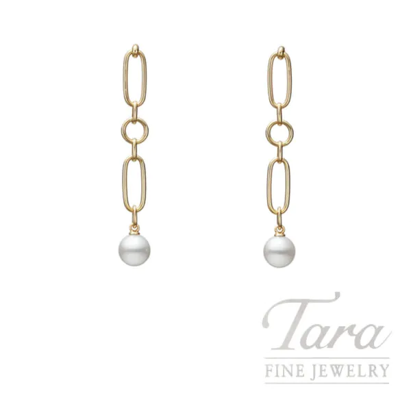 Mikimoto 18K Yellow Gold Pearl Dangle Earrings, 2 Akoya Pearls 7MM