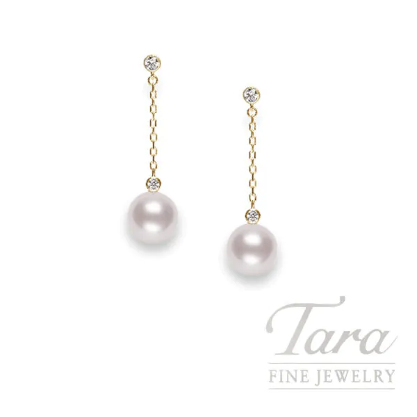 Mikimoto 18K Yellow Gold Pearl and Diamond Drop Earrings