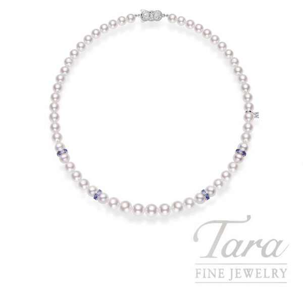 Mikimoto 18K White Gold Akoya Pearl and Blue Sapphire Necklace