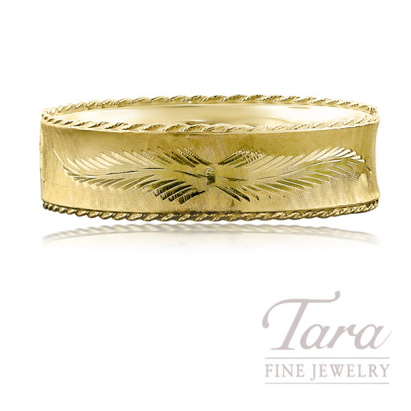 14K Yellow Gold Hand Engraved Feather Bangle 25.6G