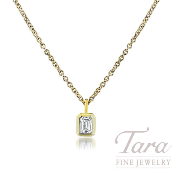 18K Yellow Gold Bezel Set Emerald Cut Diamond Pendant, 0.21CT.