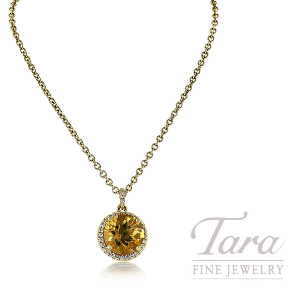 18K Yellow Gold Citrine Pendant with Diamond Halo