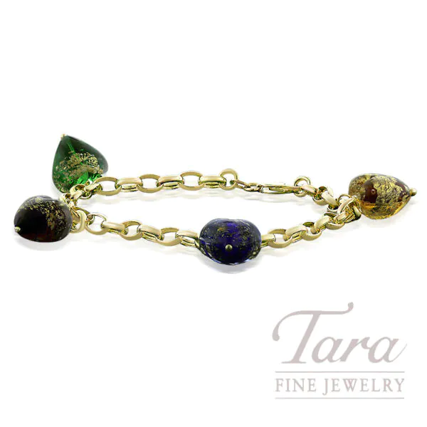 14K Yellow Gold Heart Charm Bracelet With Gold Foil Art Glass