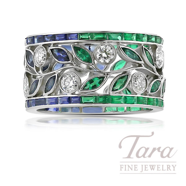 Platinum Emerald and Blue Sapphire Diamond Ring 4.49TGW, 1.05TDW
