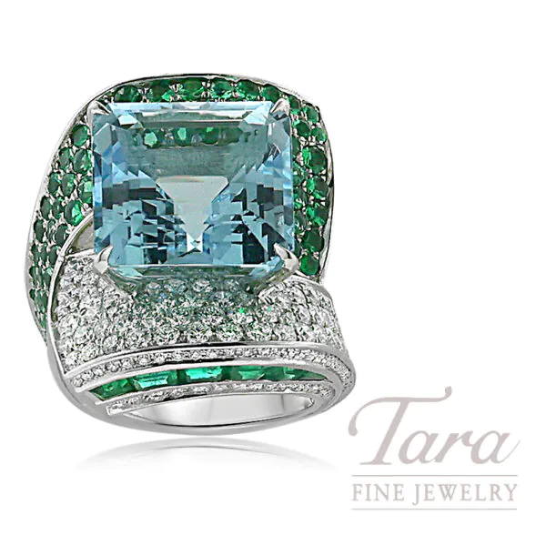 Platinum Aquamarine Emerald and Pave Diamond Cocktail Ring 15.45TGW, 2.75TDW