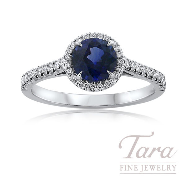 Platinum Blue Sapphire Diamond Halo Ring 1.38TGW, 0.32TDW