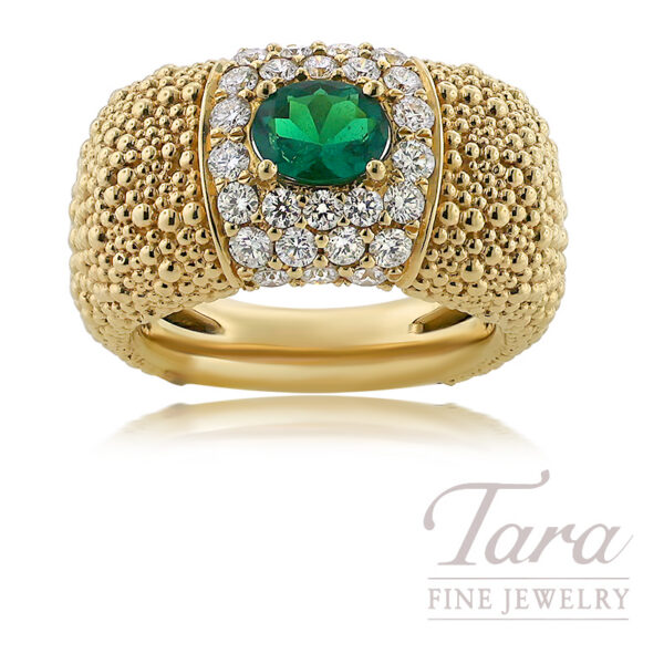 18K Yellow Gold Beaded Emerald Diamond Ring 0.65TGW, 0.85TDW