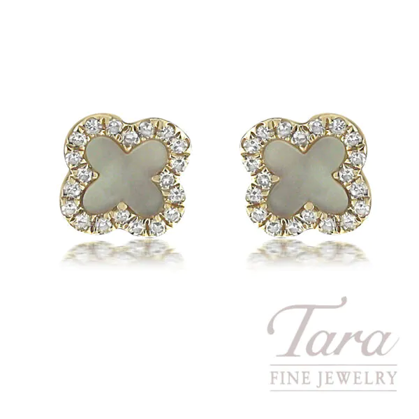 18K Yellow Gold Diamond Mother of Pearl Earrings, 0.10TDW, 0.22TGW