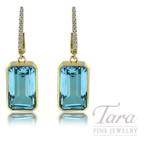 18K Yellow Gold Emerald Cut Blue Topaz Diamond Earrings 13.46TGW, 0.11TDW