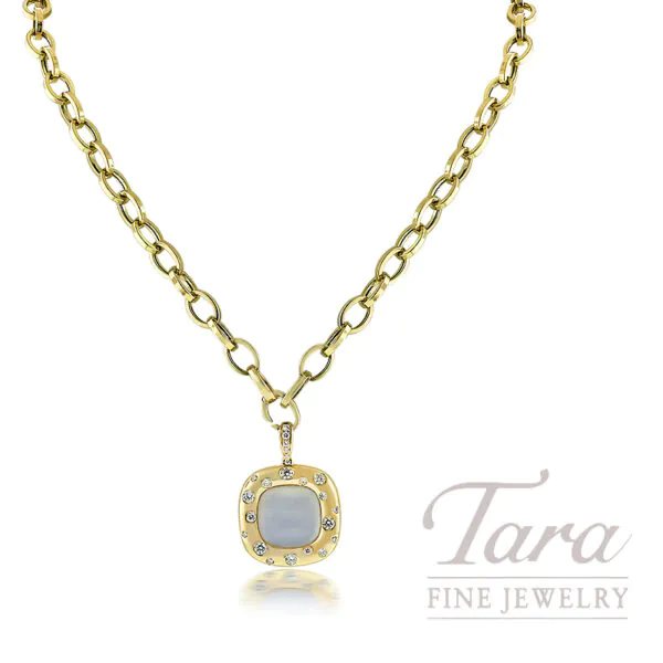 18K Yellow Gold Cabochon Cut Mother of Pearl Diamond Pendant 3.20TGW, 0.49TDW