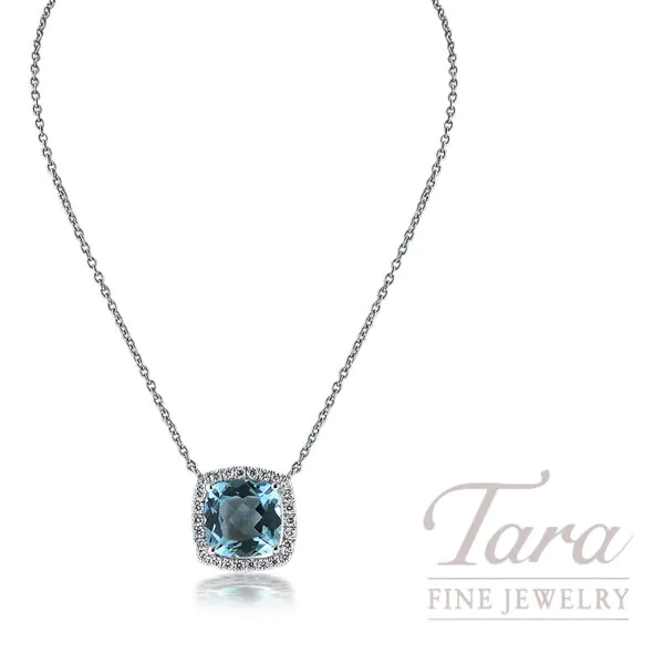 18K White Gold Cushion Cut Blue Topaz Diamond Halo Pendant Necklace 3.87TGW, .26TDW