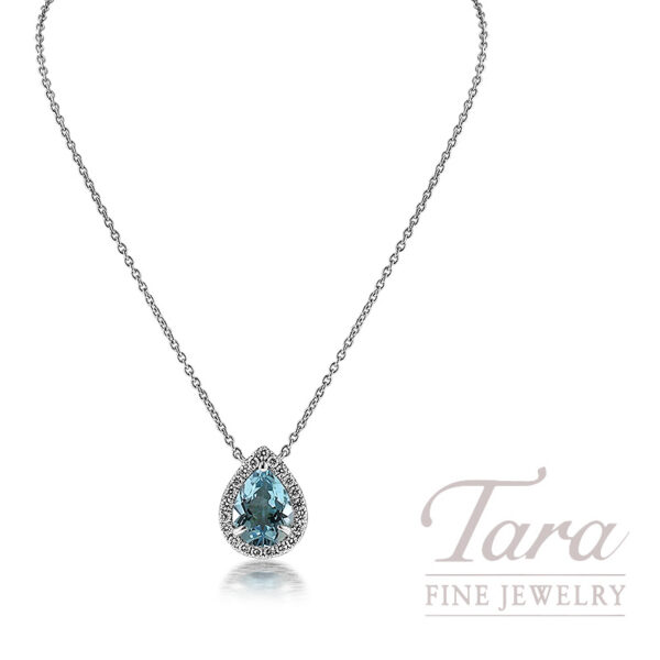 18K White Gold Pear Shaped Blue Topaz Diamond Halo Pendant Necklace 2.00TGW, .23TDW