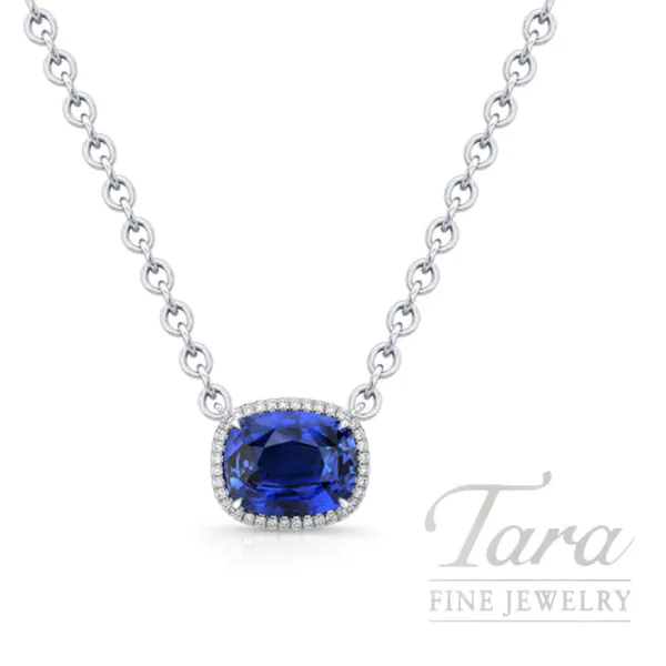 18K White Gold Halo Diamond Blue Sapphire Pendant Necklace 4.15TGW, 0.11TDW