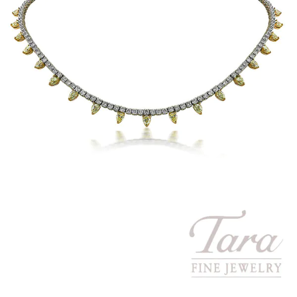 Two-Tone Gold Pear Shape Yellow Diamond Fringe Tennis Necklace, 16.91 TDW