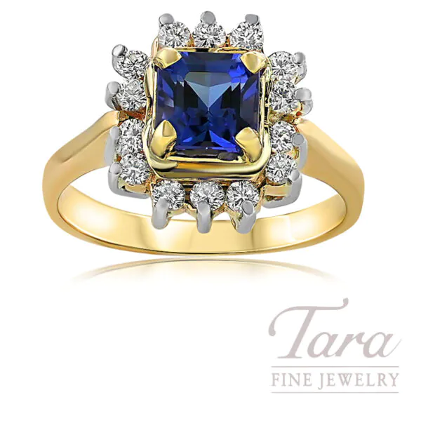 14K Yellow Gold Tananzite Diamond Halo Ring 1.29TGW, .42TDW