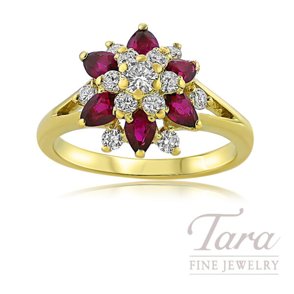 18K Yellow Gold Ruby Diamond Cluster Ring .28TDW, .60TGW