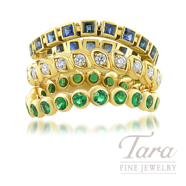 18K Yellow Gold Emerald Diamond Sapphire Stackable Ring Set, 1.14TGW, 0.46TDW