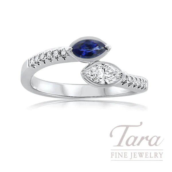 14k White Gold Marquise Sapphire and Diamond Bypass Ring 0.35 TDW