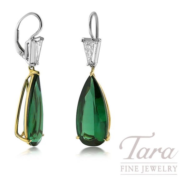 18K White and Yellow Gold Pear-Cut Green Tourmaline and Diamond Drop Earrings