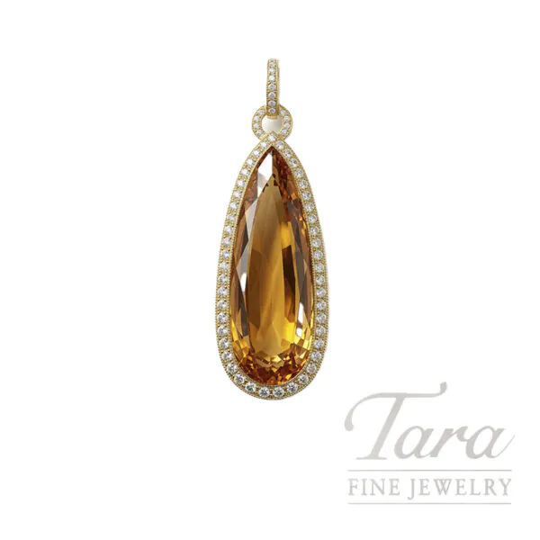 Norman Covan 18K Yellow Gold Orange Quartz Diamond Pendant with 16" Chain, 0.63TDW