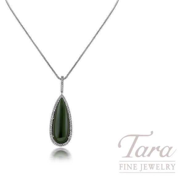 18K White Gold Pear-Cut Onyx and Diamond Halo Pendant, 23.30 Carat Onyx