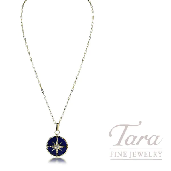18K Yellow Gold Lapis Lazuli Compass Medallion Pendant Diamond Necklace 0.20TDW