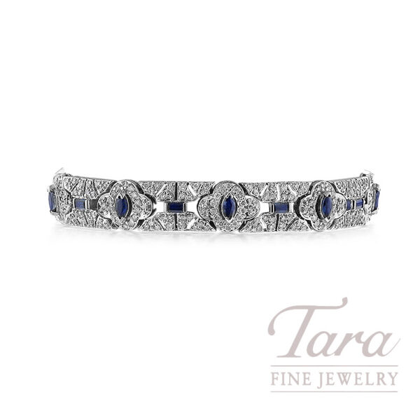 14k White Gold Sapphire and Diamond Bracelet with Marquise and Baguette Cut Sapphires, 2.00 TDW