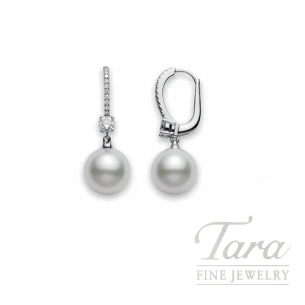 Mikimoto 18K White Gold South Sea Pearl Diamond Drop Earrings 11MM A+ Pearls
