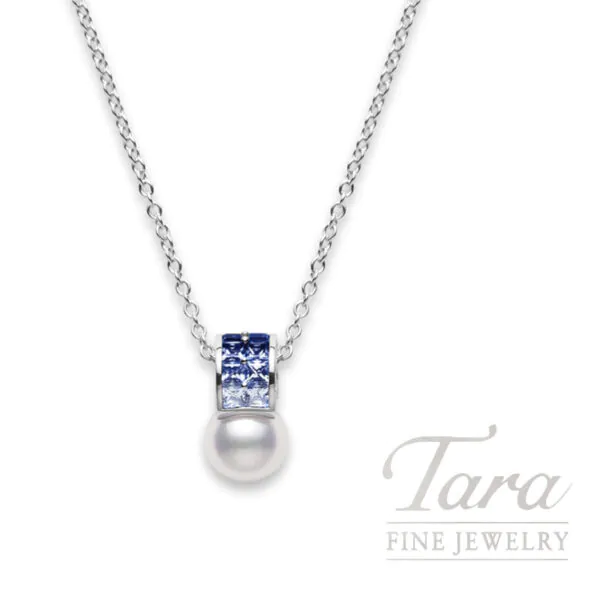 Mikimoto 18K White Gold Akoya Pearl Blue Sapphire Diamond Drop Necklace, 8MM, A+