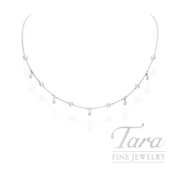 Mikimoto 18K White Gold 4.5mm Akoya Pearl and Diamond Station Necklace