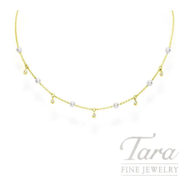18k Yellow Gold 4.5mm Akoya A+ Cultured Pearl and 0.11 TDW Diamond Drop Station Necklace