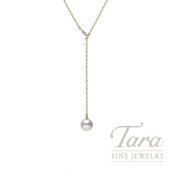 18k Yellow Gold 7.5mm Akoya A+ Cultured Pearl Y-Drop Necklace with 0.03 TDW Diamonds