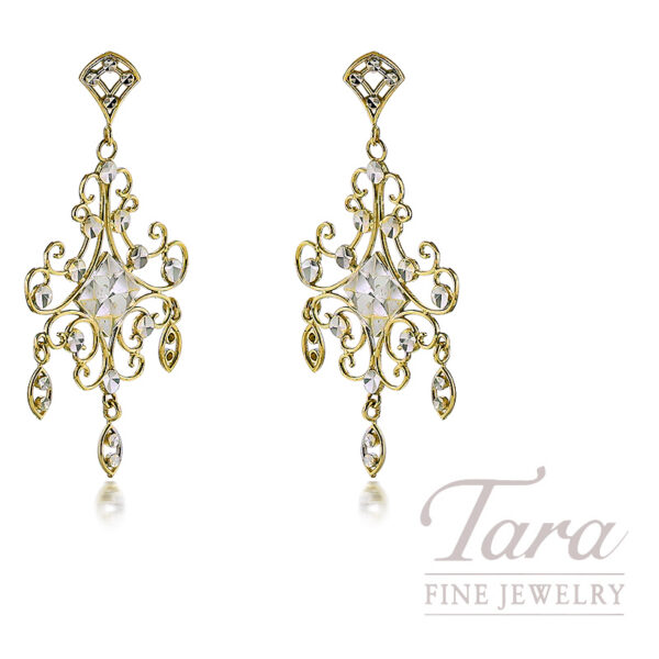 14k Two-Tone Yellow and White Gold Filigree Drop Earrings, 3.9 Grams