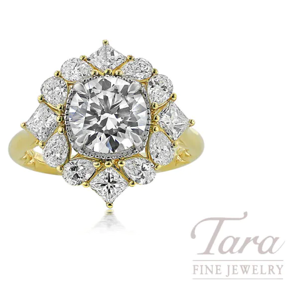 18K Yellow and White Gold Cluster Halo Diamond Ring 1.60TDW