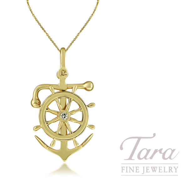 14K Yellow Gold Diamond Anchor Ship Wheel Pendant Charm 0.50TDW