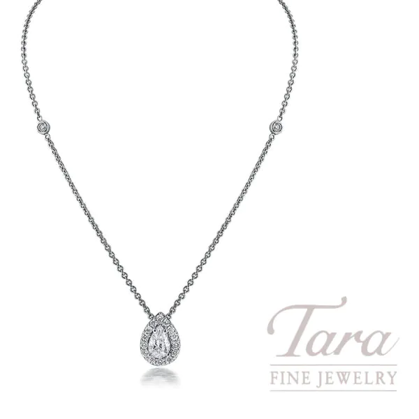 18K White Gold Pear Diamond Halo Pendant Necklace, 0.55 TDW