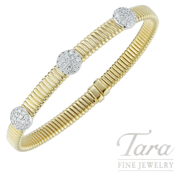 18k Yellow Gold 0.80 TDW Three Circle Station Round Diamond Flexible Cuff Bracelet