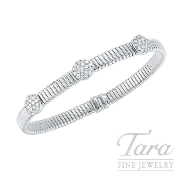 18k White Gold 0.80 TDW Three Circle Station Round Diamond Flexible Cuff Bracelet