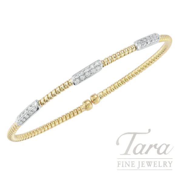 18k Two-Tone Yellow and White Gold 0.40 TDW Three Station Round Diamond Flexible Cuff Bracelet