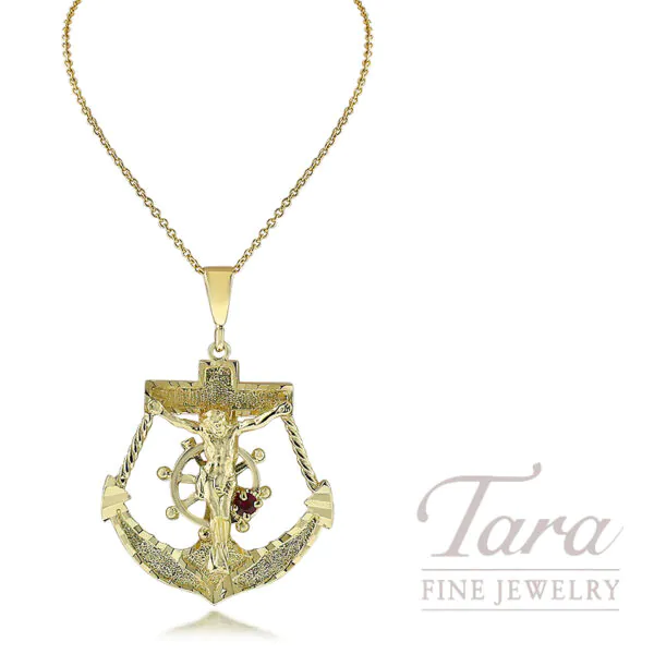 14K Yellow Gold Mariners Cross Pendant with Ruby, 6.2 Grams