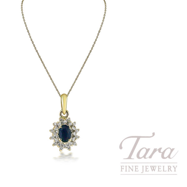 14K Yellow Gold Blue Sapphire Halo Diamond Pendant .20TDW