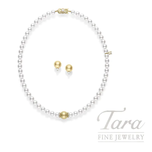 Mikimoto Golden South Sea and Akoya Cultured Pearl Necklace and Earring Set with 0.50 TDW Diamonds