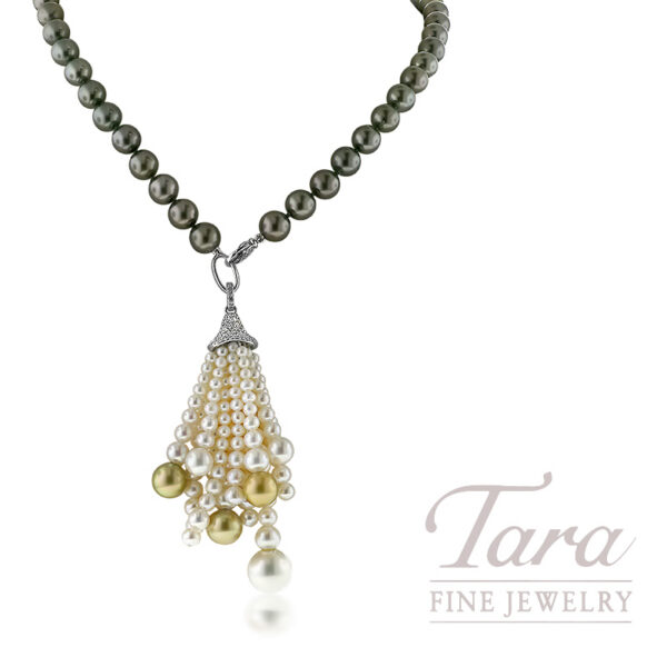 Norman Covan 14K White Gold Black Pearl Necklace with Diamond Clasp .21TDW