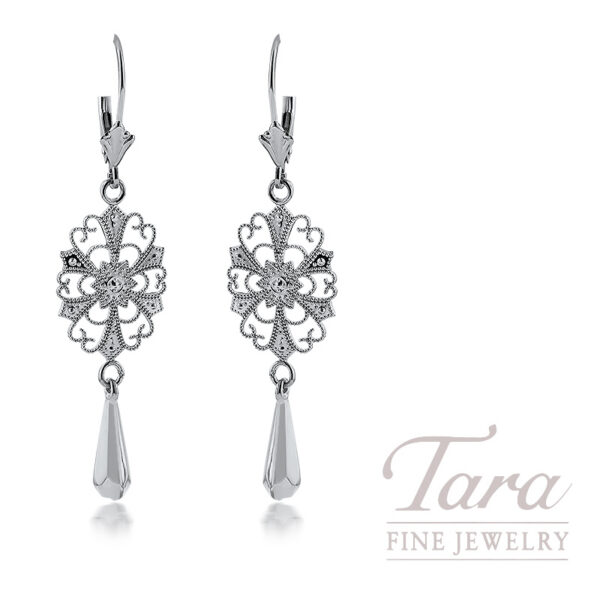 14K White Gold Floral Filigree Drop Earrings 2.3G