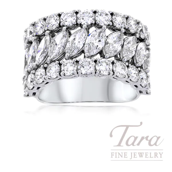 18K White Gold Marquise and Round Diamond Wide Statement Ring, 4.55 TDW