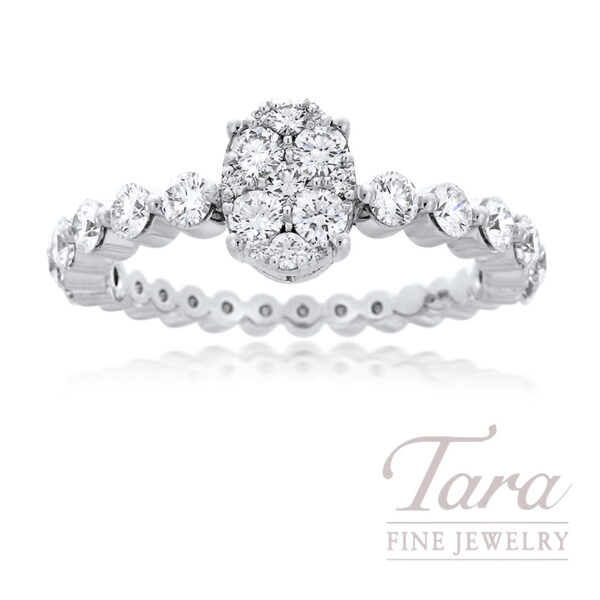 18K White Gold Oval Diamond Cluster Ring, 1.06 TDW
